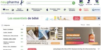 site-industries-cosmetiques Newpharma 网站截图，显示 "防晒 "搜索结果，左侧为婴儿必需品、产品筛选器以及雅漾和 SVR 防晒产品列表，并附有价格和折扣。.