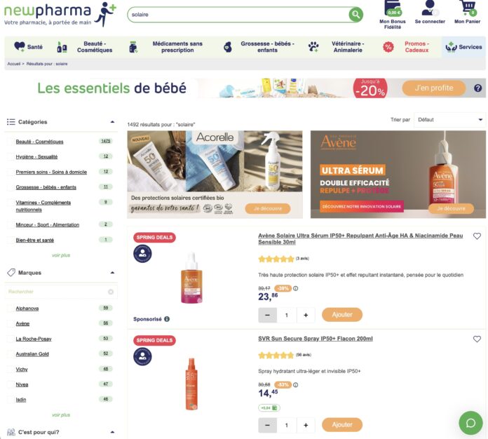 site-industries-cosmetiques Capture d'écran du site web de Newpharma affichant les résultats de la recherche 