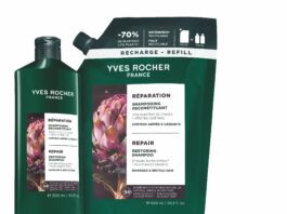 site-industries-cosmetiques Un flacon de 600 ml et une recharge du shampooing réparateur et revitalisant Yves Rocher. Les deux produits arborent l'image d'un artichaut rose ainsi que des informations sur le produit en français et en anglais. La recharge de shampooing utilise 70 % de plastique en moins, pour des soins capillaires respectueux de l'environnement.