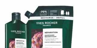 site-industries-cosmetiques Un frasco de 600 ml y un recambio del champú reparador y acondicionador de Yves Rocher. Ambos productos llevan la imagen de una alcachofa rosa, así como información sobre el producto en francés e inglés. El recambio de champú utiliza 70 % menos de plástico, para un cuidado capilar respetuoso con el medio ambiente.