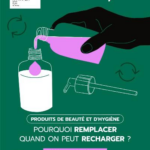 Febea将于6月16日围绕“#RéflexeRecharge”活动开展动员 site-industries-cosmetiques 一幅插图展示了一只手正将粉红色液体从瓶中倒入按压式瓶中,配有法语文字,鼓励人们对美容和卫生产品进行补充装,而非直接更换。背景中出现了各种回收标志。.
