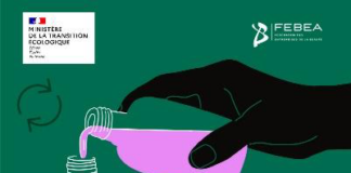 site-industries-cosmetiques Una ilustración muestra una mano vertiendo un líquido rosa de una botella a un frasco con dosificador, acompañada de un texto en francés que anima a rellenar los productos de belleza e higiene en lugar de sustituirlos. En el fondo aparecen diversos símbolos de reciclaje.