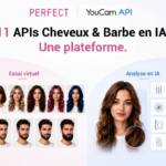 site-industries-cosmetiques A promotional illustration for the YouCam API features 12 photos of people with various hair types, a central photo of a woman, and text in French describing the AI-based hair and beard analysis features.