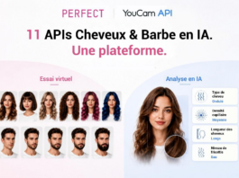 site-industries-cosmetiques Una ilustración promocional de la API YouCam muestra 12 fotos de personas con distintos tipos de cabello, una foto central de una mujer y un texto en francés que describe las funciones de análisis del cabello y la barba basadas en la inteligencia artificial.