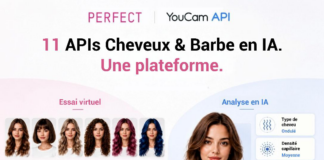 site-industries-cosmetiques YouCam API的一张宣传图展示了12张发质各异的人像照片、一张居中的女性照片，以及一段用法语撰写的文字，介绍基于AI的头发和胡须分析功能。.