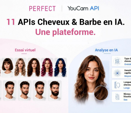 site-industries-cosmetiques Uma ilustração promocional da API YouCam apresenta 12 fotografias de pessoas com vários tipos de cabelo, uma fotografia central de uma mulher, bem como um texto que descreve, em francês, as funcionalidades de análise do cabelo e da barba baseadas em IA.