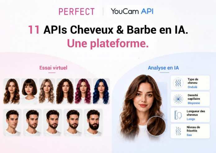 cp-youcam-api-cabello-barba-p1-2 site-industries-cosmetiques Una ilustración promocional de la API YouCam muestra 12 fotos de personas con distintos tipos de cabello, una foto central de una mujer y un texto en francés que describe las funciones de análisis del cabello y la barba basadas en la inteligencia artificial.