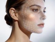 image-r-180-180 site-industries-cosmetiques A woman's profile, overlaid with a digital grid that highlights her facial features. She wears luminous makeup on her cheekbones and has a neutral expression, all set against a light, solid-color background.
