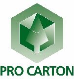Logotipo de Pro Carton, que representa un cubo verde con la silueta de un árbol en el centro, sobre la inscripción «PRO CARTON» y el eslogan «PACKAGING FOR A BETTER WORLD» en verde.