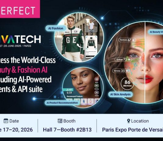 site-industries-cosmetiques VivaTech 2026 的宣传图片，展示人工智能美容代理（皮肤分析、服装推荐）和代理对代理技术。活动时间：6 月 17-20 日，巴黎凡尔赛门世博会 7 号展厅 2B13 展台。.