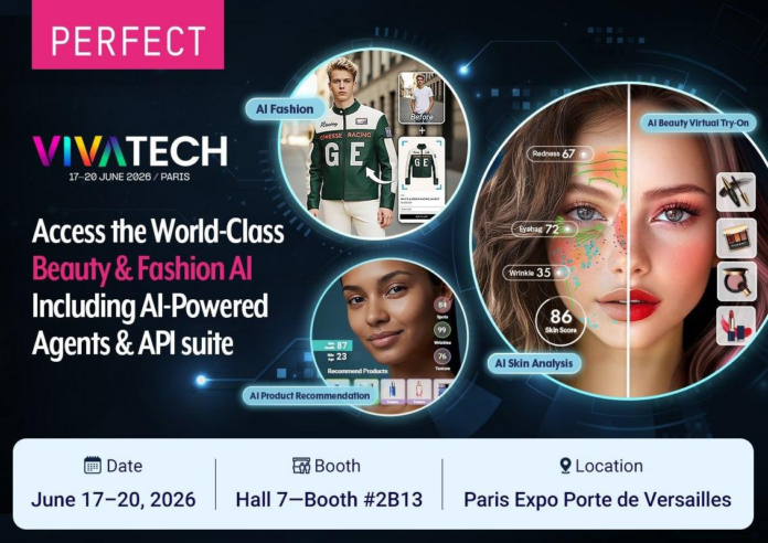 site-industries-cosmetiques Promotional graphic for VivaTech 2026 featuring demonstrations of AI beauty agents - skin analysis, outfit recommendation - and agent-to-agent technology. Event: June 17-20, Hall 7, Stand 2B13, Paris Expo Porte de Versailles.