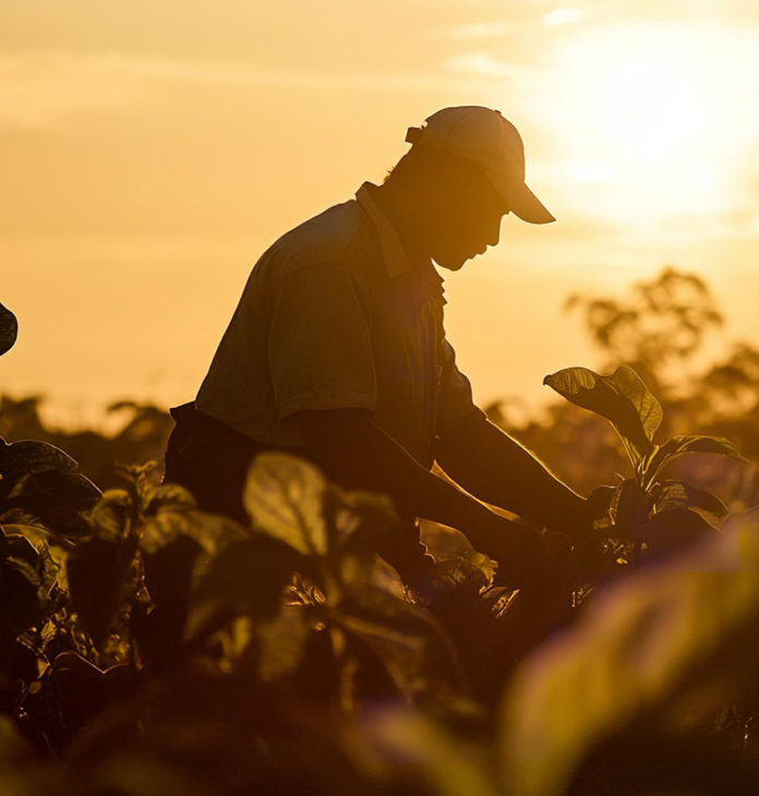 site-industries-cosmetiques Uma pessoa com um boné a cuidar das plantas num campo ao pôr-do-sol; a luz do sol confere-lhe uma silhueta com tons quentes e dourados.