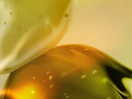 site-industries-cosmetiques Image en gros plan montrant deux formes abstraites translucides dans les tons jaune et vert avec de petites bulles à l'intérieur, sur un fond légèrement flou. Les formes ont des surfaces lisses et brillantes.
