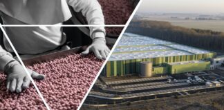site-industries-cosmetiques 拼版图片，左侧是一个人在传送带上分拣红豆，右侧是一个大型工业厂房的鸟瞰图，以及停车场和周围的田地。.