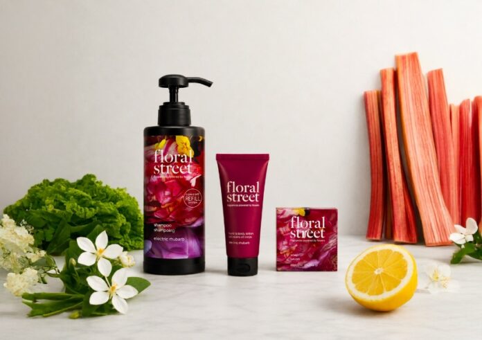 site-industries-cosmetiques 一瓶、一支管装产品以及一套Floral Street个人护理产品礼盒陈列在浅色背景上，背景中点缀着鲜花、半个柠檬、绿叶和大黄茎。.