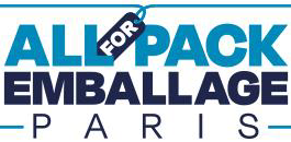 site-industries-cosmetiques «ALL FOR PACK EMBALLAGE PARIS»标志采用蓝白双色字体，其中«FOR»一词印在深色标签上，该标签覆盖了«ALL»和«PACK»两个词。.