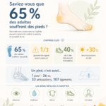 site-industries-cosmetiques Une infographie sur la santé des pieds révèle que 65 % des adultes souffrent de problèmes aux pieds. Elle présente des faits clés, des réflexes à adopter, des conseils, ainsi que des illustrations d'un pied, d'un nid d'abeilles et de six bonnes pratiques recommandées.