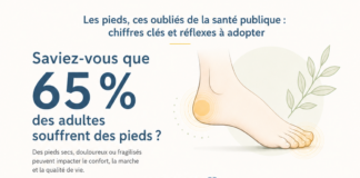 site-industries-cosmetiques Una infografía sobre la salud de los pies revela que el 65 % de los adultos padecen problemas en los pies. En ella se presentan datos clave, hábitos que conviene adoptar, consejos, así como ilustraciones de un pie, un panal de abejas y seis buenas prácticas recomendadas.