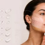 site-industries-cosmetiques 一位女性的面部，手轻搭在下巴上，展示了不同质地的护肤产品，以演示有效的叠加使用方法。 左侧的图标代表护肤流程的各个步骤，而示意线则标明了其脸颊上的效果或涂抹区域——这非常有助于直观理解Cosmed科学大会上经常探讨的护肤方法。.