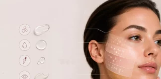 Le layering et les routines cosmétiques au cœur du 26e Congrès scientifique Cosmed site-industries-cosmetiques Le visage d'une femme, la main posée sur le menton, présentant différentes textures de produits de soin pour illustrer une superposition efficace. Les icônes à gauche représentent les étapes d'une routine cosmétique, tandis que les lignes schématiques indiquent les effets ou les zones d'application sur sa joue — idéal pour visualiser les méthodes souvent abordées lors du Congrès scientifique Cosmed.