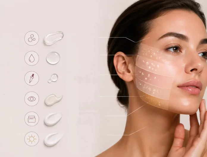 site-industries-cosmetiques El rostro de una mujer, con la mano apoyada en la barbilla, mostrando diferentes texturas de productos de cuidado para ilustrar una superposición eficaz. Los iconos de la izquierda representan los pasos de una rutina cosmética, mientras que las líneas esquemáticas indican los efectos o las zonas de aplicación en la mejilla, lo cual resulta ideal para visualizar los métodos que suelen abordarse en el Congreso Científico Cosmed.
