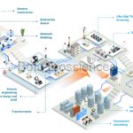 site-industries-cosmetiques 一幅展示生物技术流程的示意图，涵盖从DNA设计和基因组构建到发酵、 下游处理及数据分析，其中标明了代谢建模、酶工程和超高通量筛选等具体步骤。.