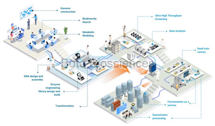 site-cosmetics-industries Diagram illustrating a biotechnological process, from DNA design and genome construction through fermentation, downstream processing, and data analysis, with identified steps such as metabolic modeling, enzyme engineering, and ultra-high-throughput screening.