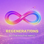 L’édition 2026 de Cosmetic 360 met en avant le thème des « Régénérations » site-industries-cosmetiques Un symbole de l'infini coloré sur un fond violet parsemé de paillettes. En dessous, on peut lire « REGENERATIONS » en lettres jaunes et « ACT FOR POSITIVE IMPACT » en lettres blanches.