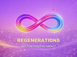 site-industries-cosmetiques A colorful infinity symbol on a purple background sprinkled with glitter. Below it, the words «REGENERATIONS» appear in yellow letters and «ACT FOR POSITIVE IMPACT» in white letters.