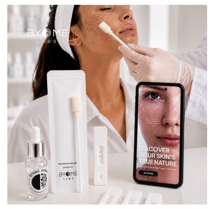 site-industries-cosmetiques Une personne se fait prélever un échantillon cutané à l'aide d'un coton-tige. Au premier plan, on aperçoit des produits de soin pour la peau, un kit d'échantillons et un smartphone affichant un gros plan de la peau ainsi que le texte : « Découvrez la véritable nature de votre peau. ».