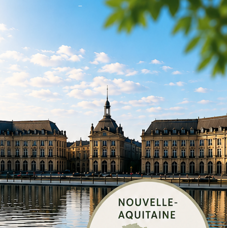 site-industries-cosmetiques Un collage représentant l'architecture bordelaise au bord du fleuve, une carte de la Nouvelle-Aquitaine, une plage avec des bateaux, une fleur sauvage rose, ainsi que des produits de soin ornés de feuilles vertes et d'illustrations botaniques.