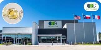 Gattefossé valide huit ingrédients sur son site de Lufkin site-industries-cosmetiques Un bâtiment industriel moderne arborant le logo Gattefossé, trois drapeaux et une entrée vitrée. L'encart montre un gros plan de récipients en verre contenant des liquides. Le ciel est clair et bleu.