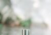 site-industries-cosmetiques Un flacon de parfum en verre transparent, muni d'un bouchon argenté, est posé sur un rocher partiellement immergé dans un cours d'eau peu profond. L'arrière-plan est légèrement flou, baigné par la lumière naturelle extérieure.