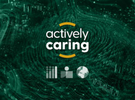site-industries-cosmetiques The white text «actively caring» appears centered on a dark green abstract background adorned with wavy lines and patterns. Below the text are three gray icons: a bar graph, a person, and a globe.